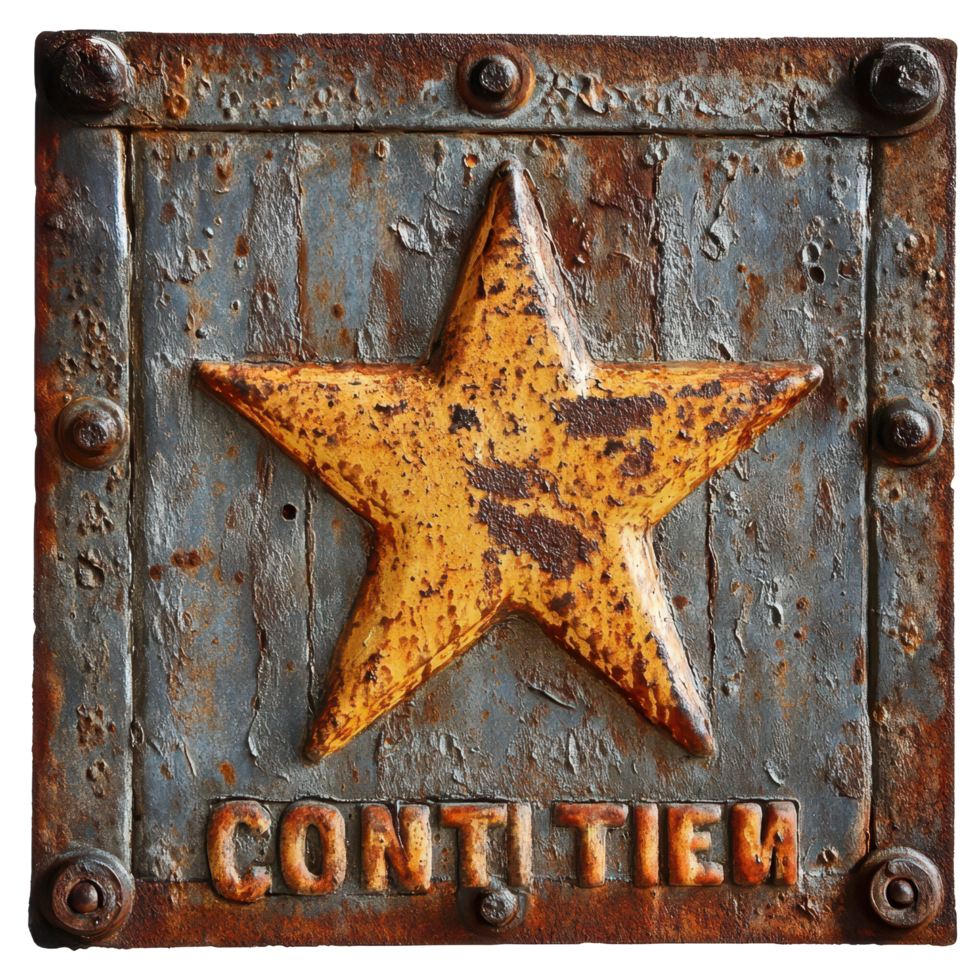 Rusty sign featuring a star shape and the word cri, showcasing age and weathering in an urban setting, rusty sign with a star shaped star and the word critic, Transparent background png