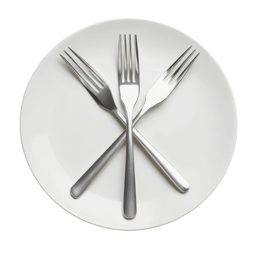 Crossed silverware on a clean white plate set for dining at a restaurant or home, Silverware-Crossed Fork and Knife on Plate, Transparent background png