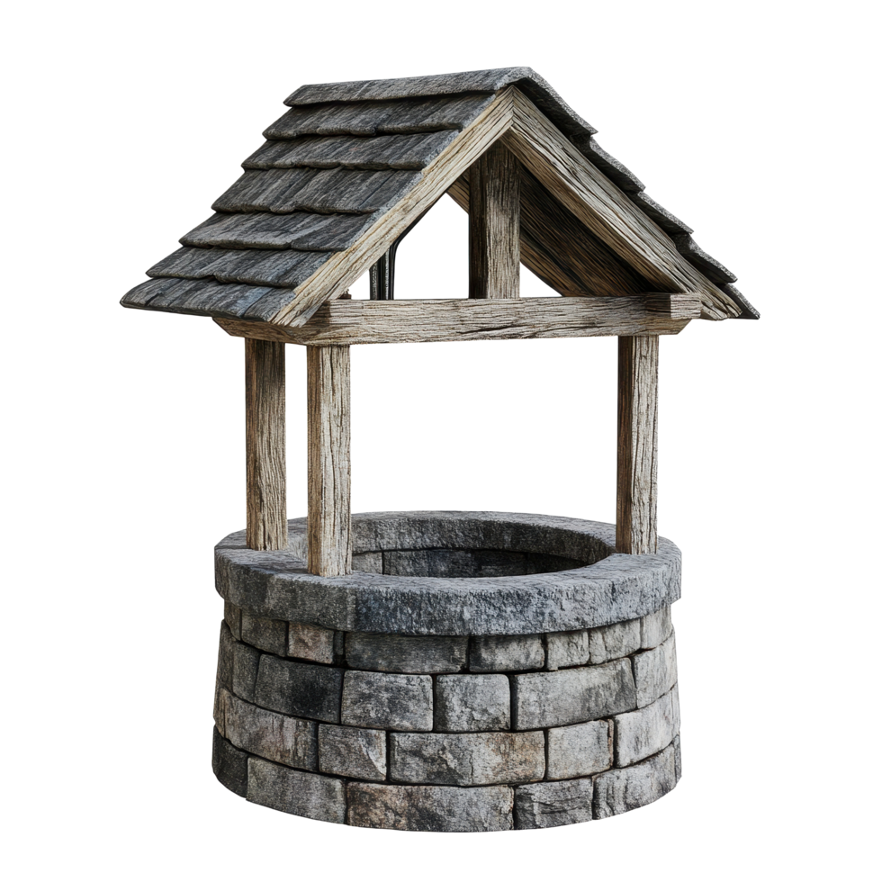 Water well with wooden roof and stone structure isolated on Transparent background for clear visibility of design features, Water well isolated on png
