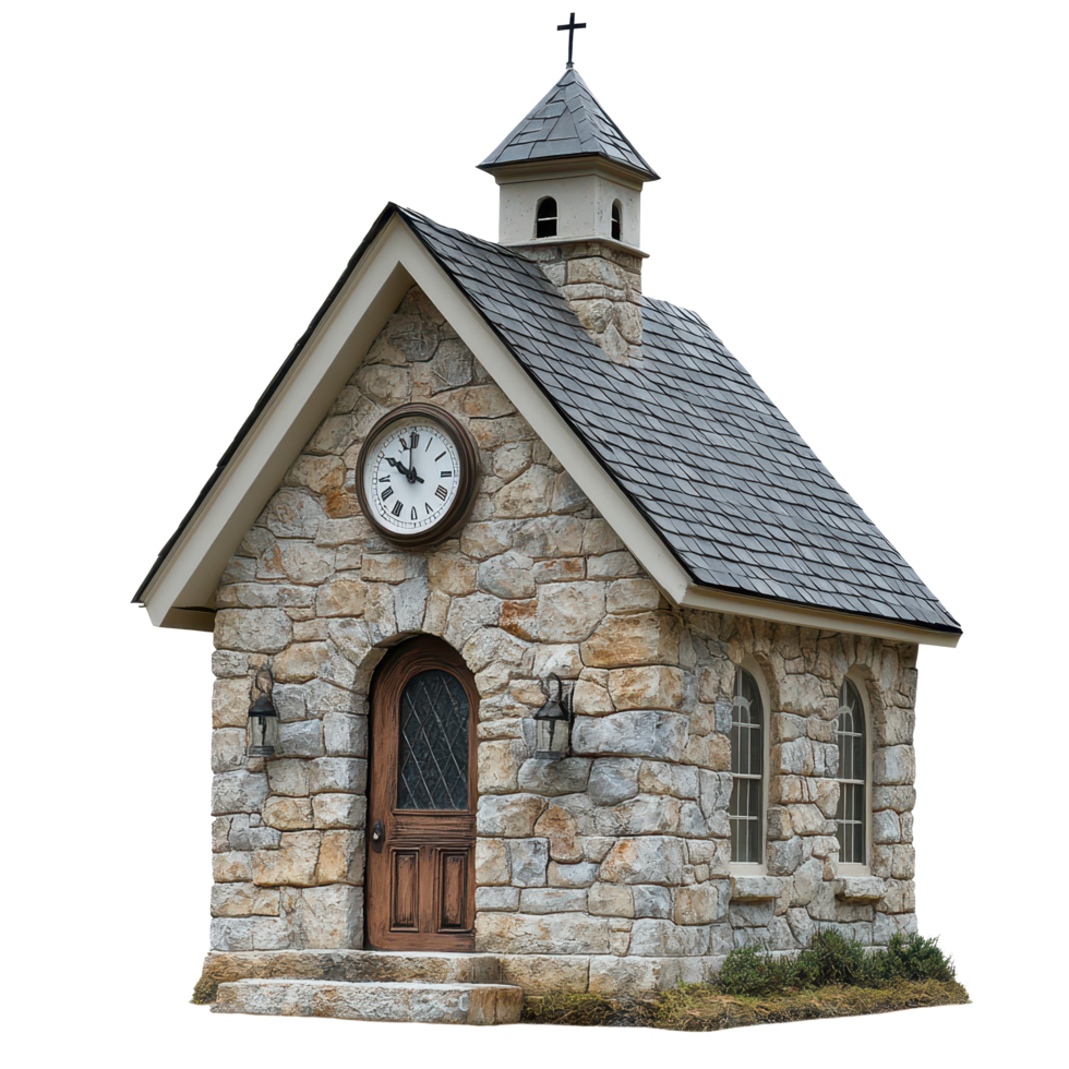 Charming small stone building featuring an ornate clock on the front in a picturesque setting, small stone building with a clock on the front, Transparent background png