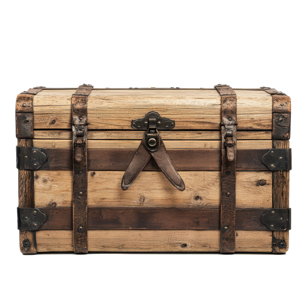 Wooden trunk with metal straps and latch resting on a Transparent background perfect for storage or decoration, wooden trunk with metal straps and a latch, background png