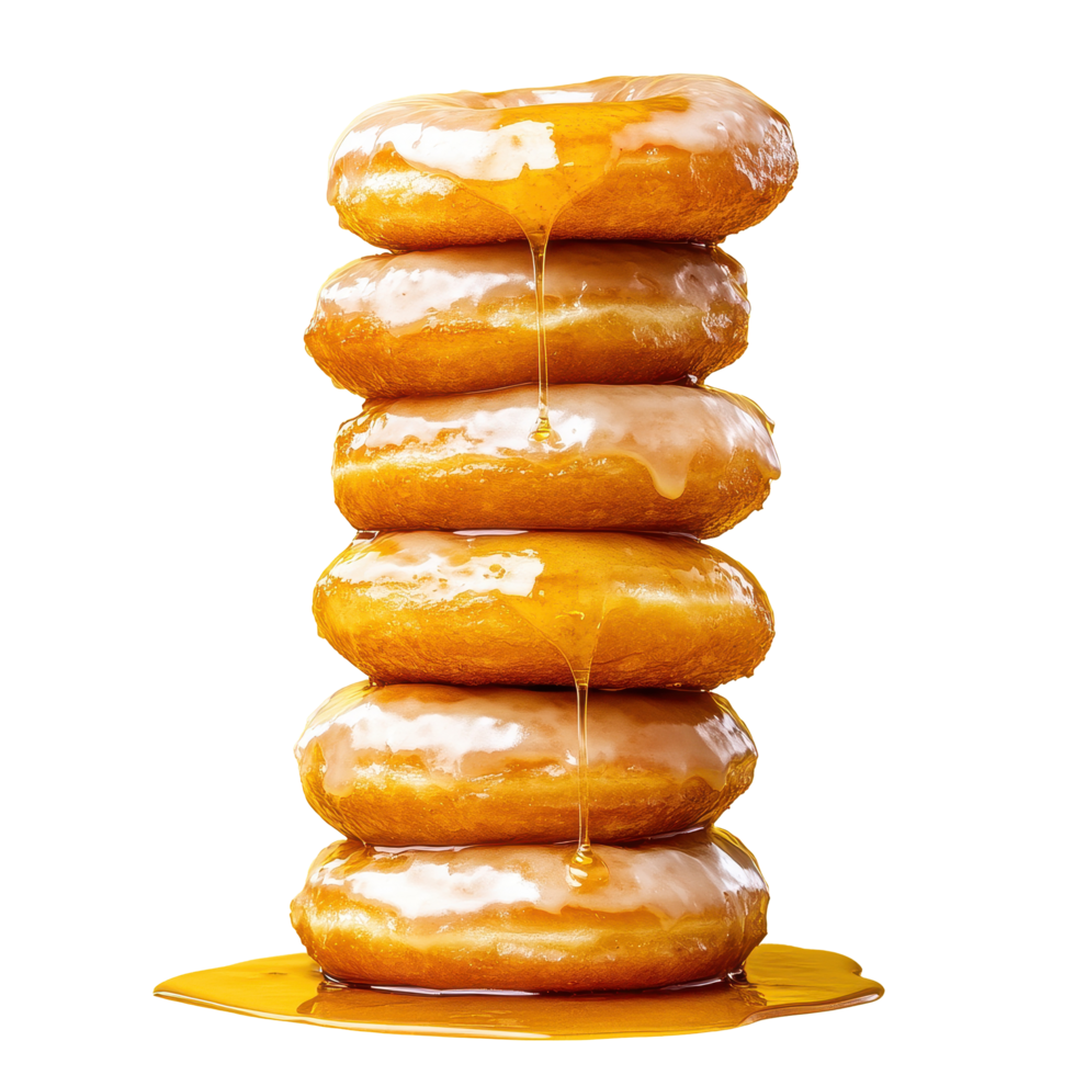 Delicious stack of glazed donuts drizzled with syrup against a vibrant yellow background, stack glazed donuts with syrup on a yellow background, Transparent background, background png