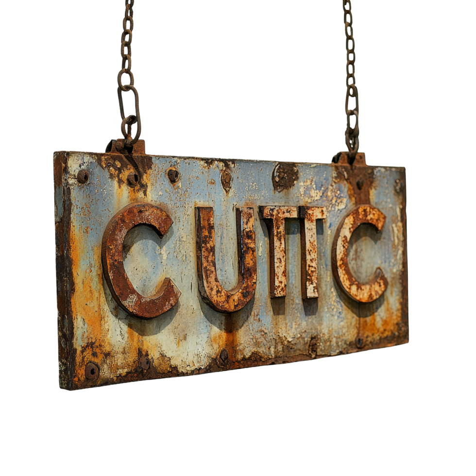 Rusty metal sign with the word cutic hanging on a wall in an industrial setting at dusk, rusty sign with the word cutic hanging on a wall, Transparent background png