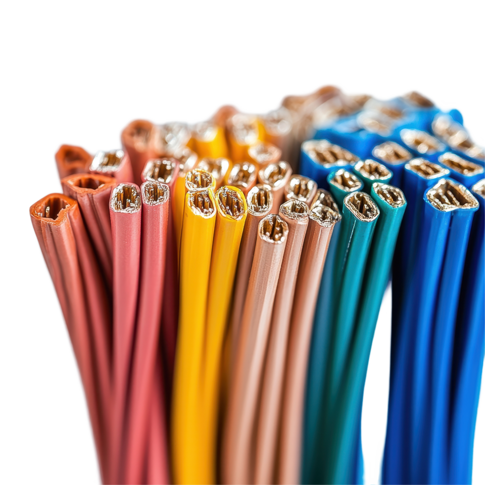 Colorful array of electrical wires arranged neatly on a white surface showcasing multiple hues and textures, row colored electrical wires on a white surface, Transparent background png