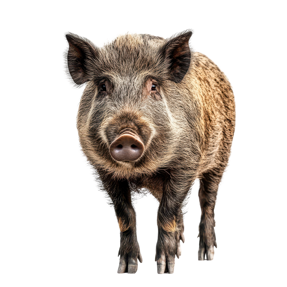 Wild boar standing against Transparent background, showcasing its natural features and curious expression, Wild Boar Standing in Front White Background, background png