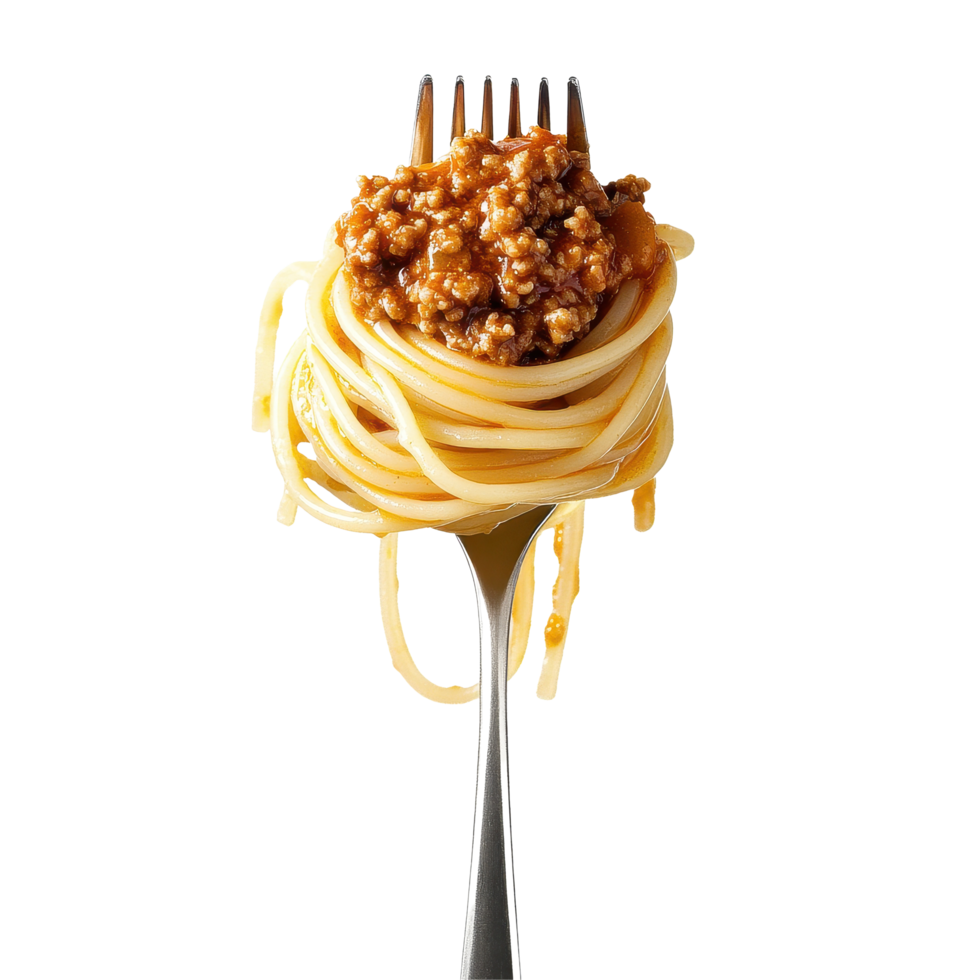 Spaghetti bolognese twirled on a fork ready to be served for a delicious Italian meal, Spaghetti with sauce bolognese hanging on a fork isolated on Transparent background, background png