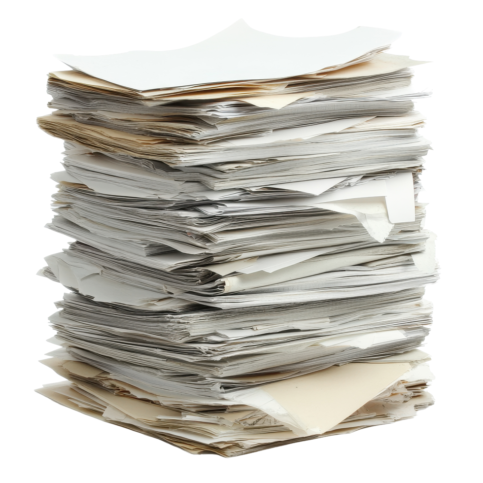 Stack of assorted papers in disarray on Transparent background, Stack papers isolated on png