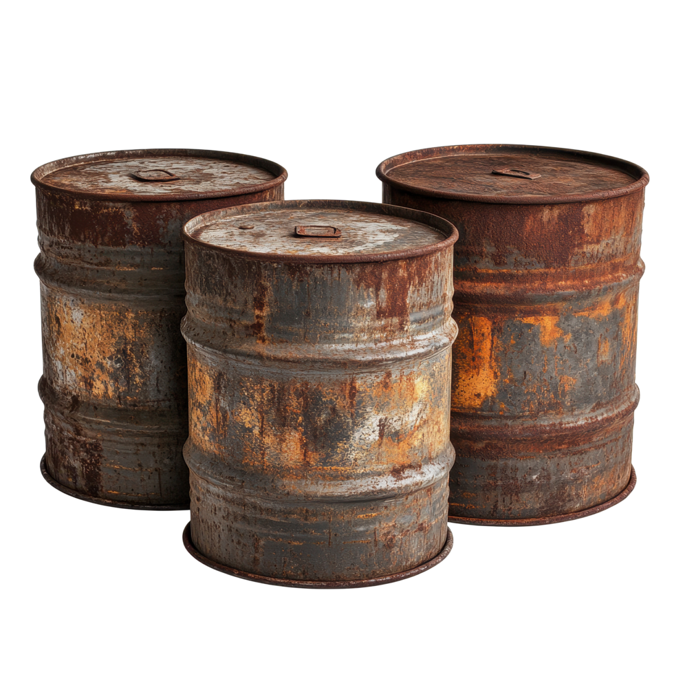 Rusty old metal barrels sit isolated on a Transparent background highlighting their aged texture and wear, rusty old metal barrels isolated on png