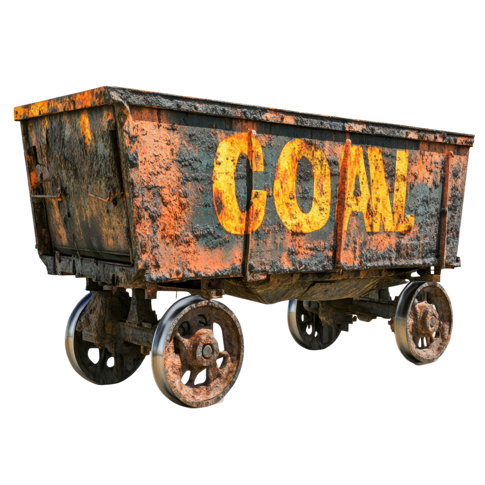 Rusty old train cart with coal sign displayed in an abandoned railway setting, rusty old train cart with a sign that says coal, Transparent background png