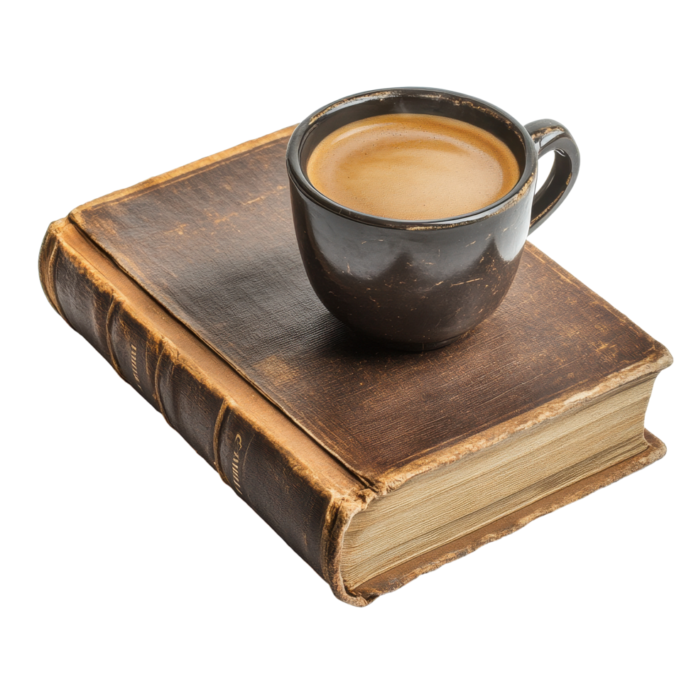 Vintage book resting with a coffee cup isolated on a Transparent background for cozy reading moments, Vintage-style book with coffee cup on aisolated on background png