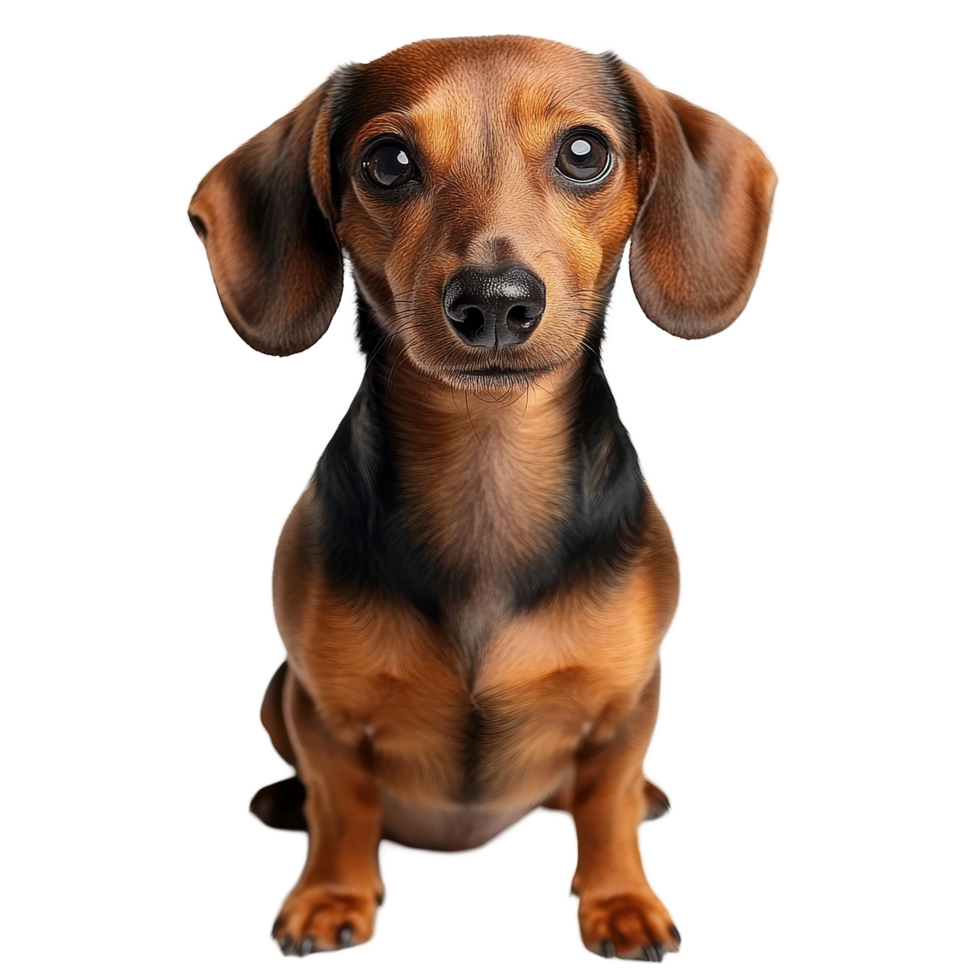 Cute sausage dog sitting on a Transparent background looking curiously at the camera, sausage dog isolated on White background png