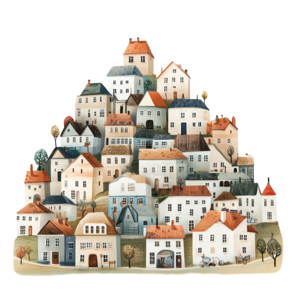 Charming small town with colorful houses nestled on a scenic hill against a Transparent background, small town with many houses on a hill, background png