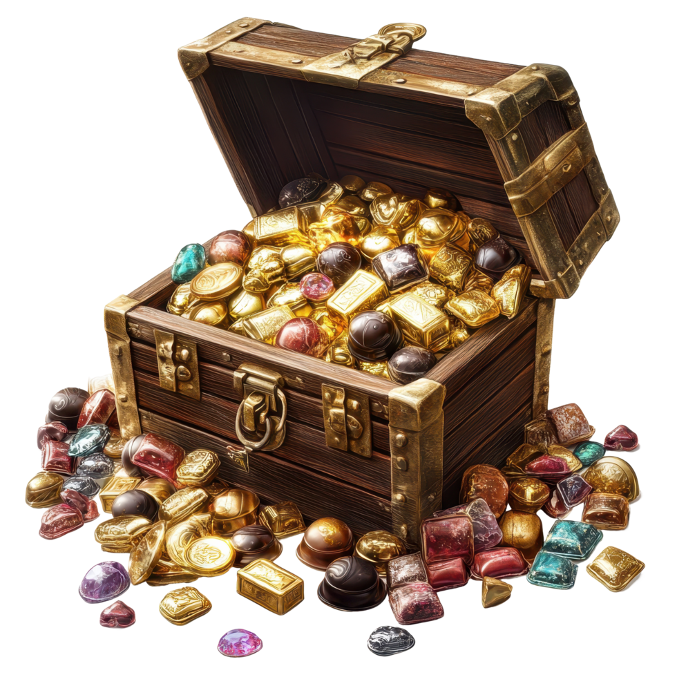 Treasure chest overflowing with gold chocolates and colorful gems captures the essence of indulgence, Treasure Chest Bursting with Gold Chocolates and Gems, Transparent background png
