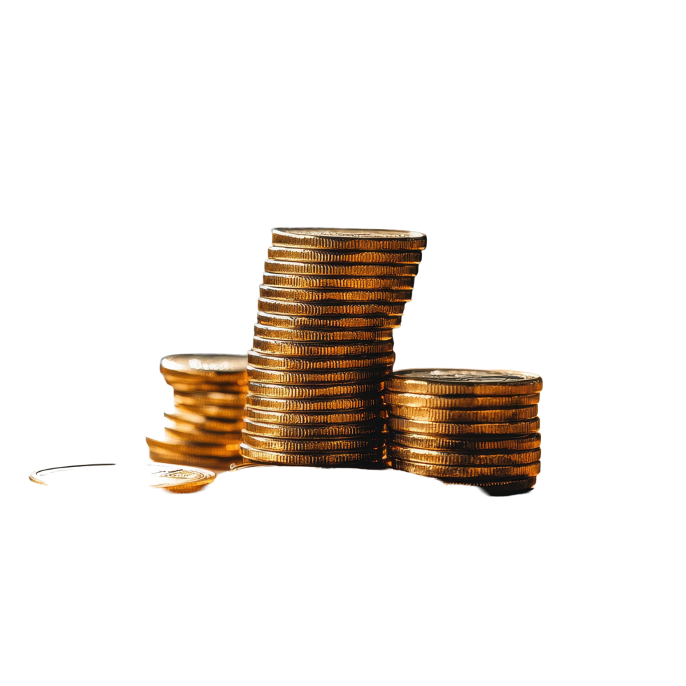 Stacked golden coins on a wooden desk illuminated by warm sunlight during afternoon hours, Stack metal golden coins on the desk png