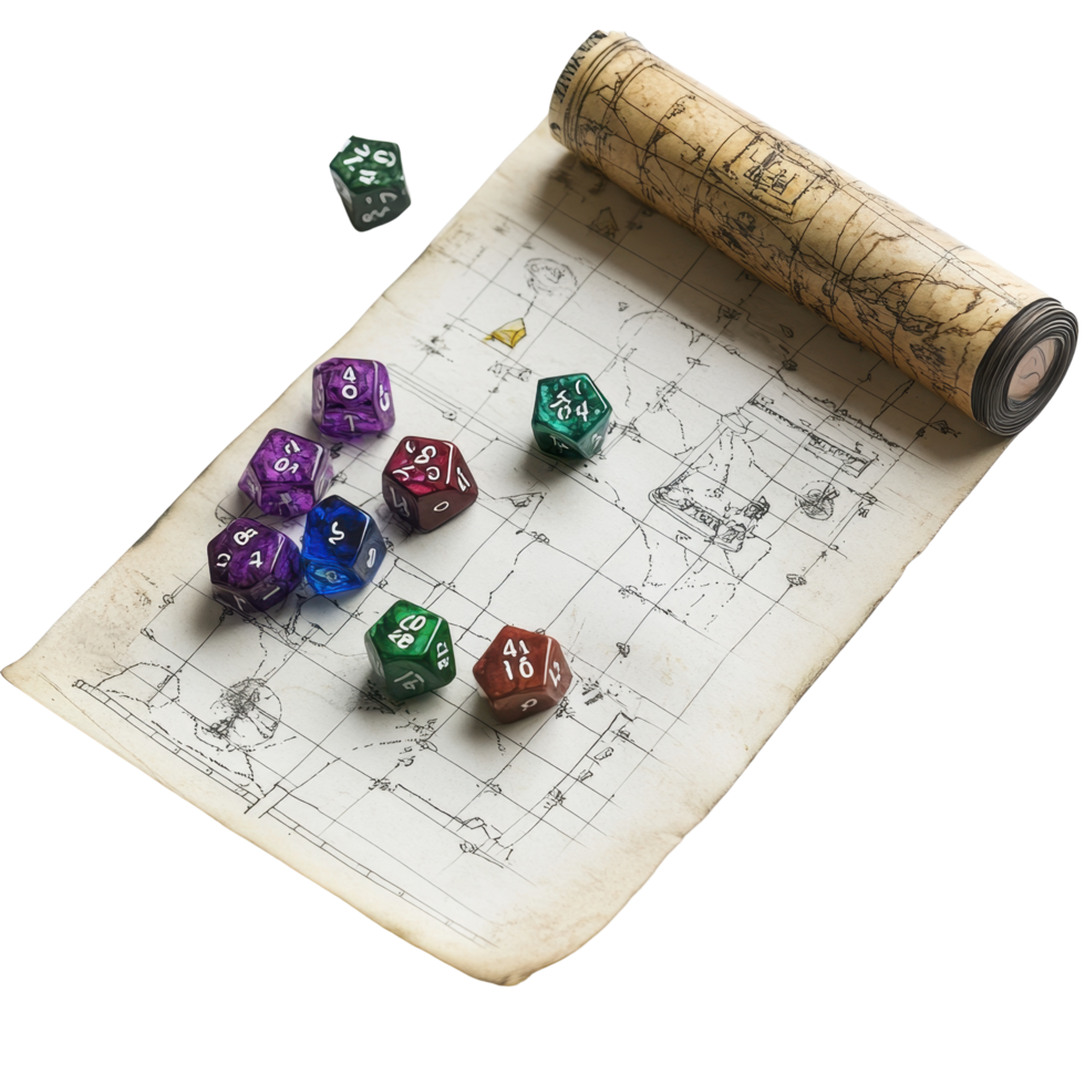 RPG board game setup featuring colorful dice and a detailed game map on a clean Transparent background, RPG board game, background png