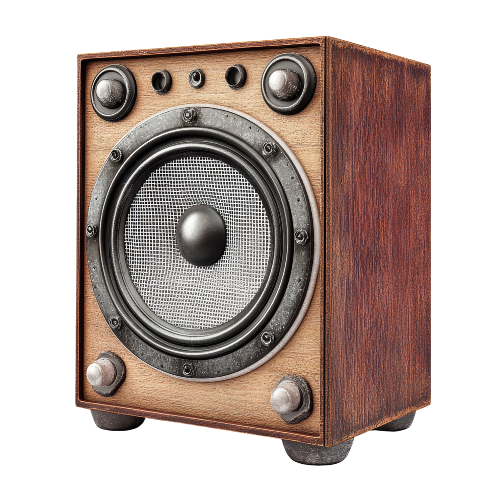 Vintage wooden speaker with a circular grille is showcased on a plain Transparent background for artistic presentation, speaker isolated on aisolated on background png