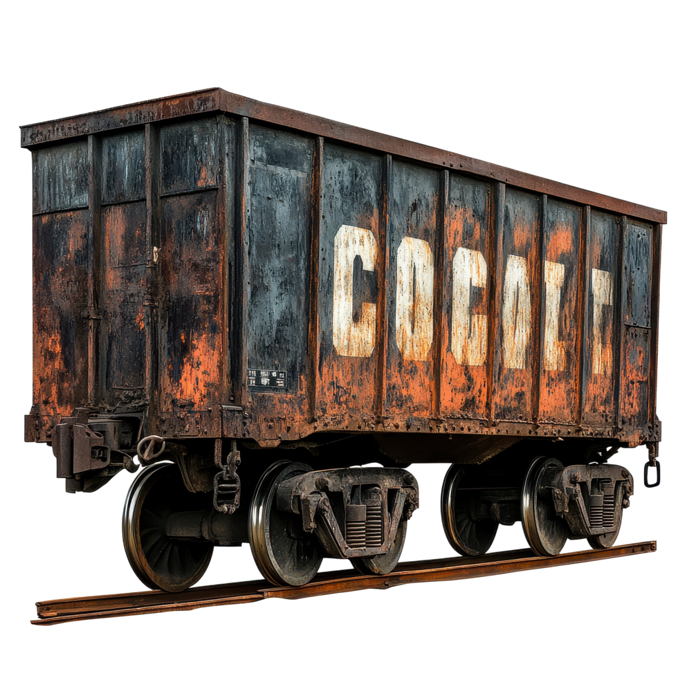 Rusty old train cart on tracks with coal sign located in an abandoned rail yard, rusty old train cart with a sign that says coal, Transparent background png