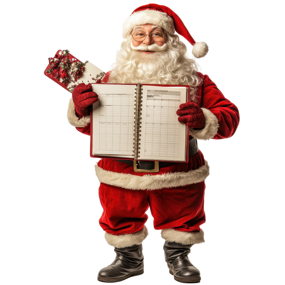 Santa Claus holds a holiday planner ready for festive preparations, Santa Claus Character with Holiday Planner on Transparent background, background png