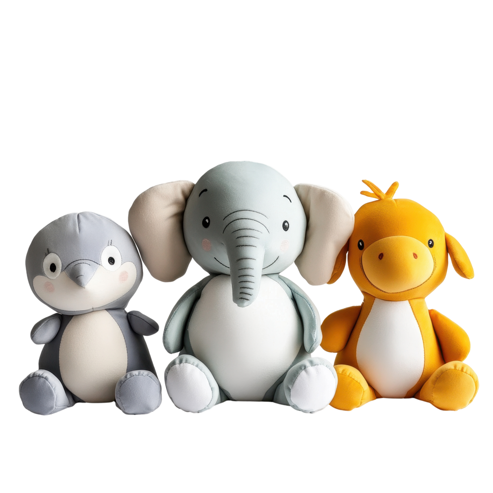 Soft toys collection featuring a dinosaur, penguin, and elephant on a Transparent background, soft toys, dinosaur, penguin, elephant on png