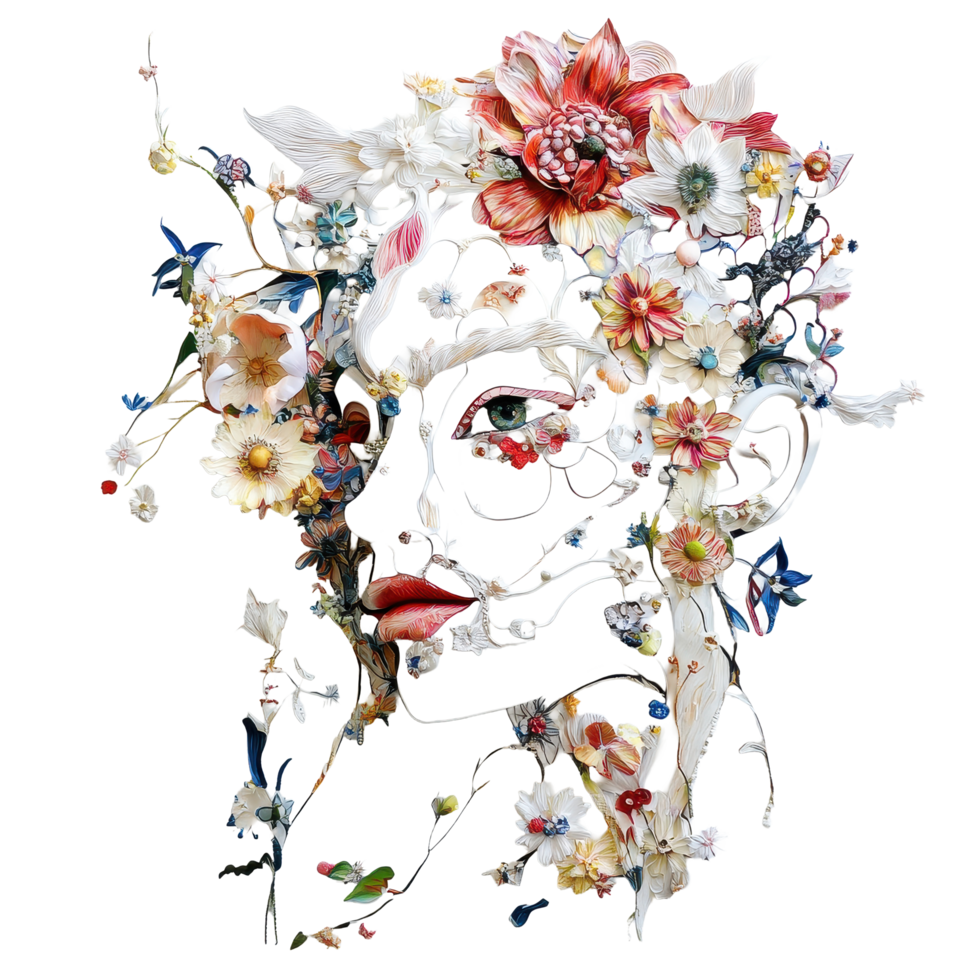 Whimsical floral face art blending nature and human features in intricate design, Whimsical Art A FlowerFused Face with Intricate Detail, Transparent background png