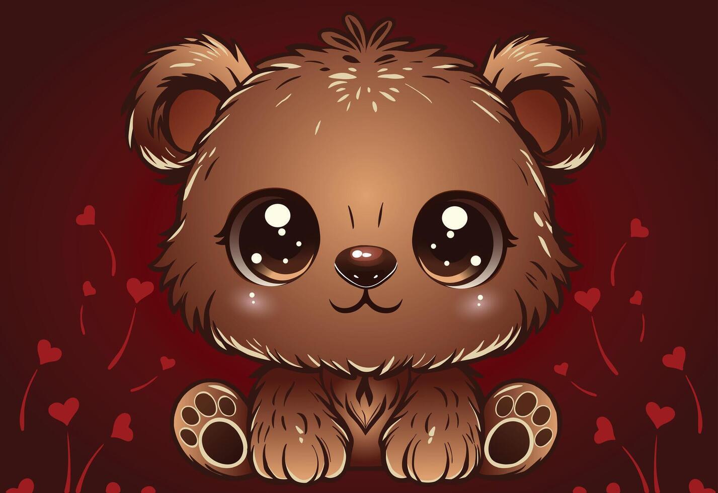 A charming teddy bear sits against a red gradient backdrop adorned with heart motifs vector