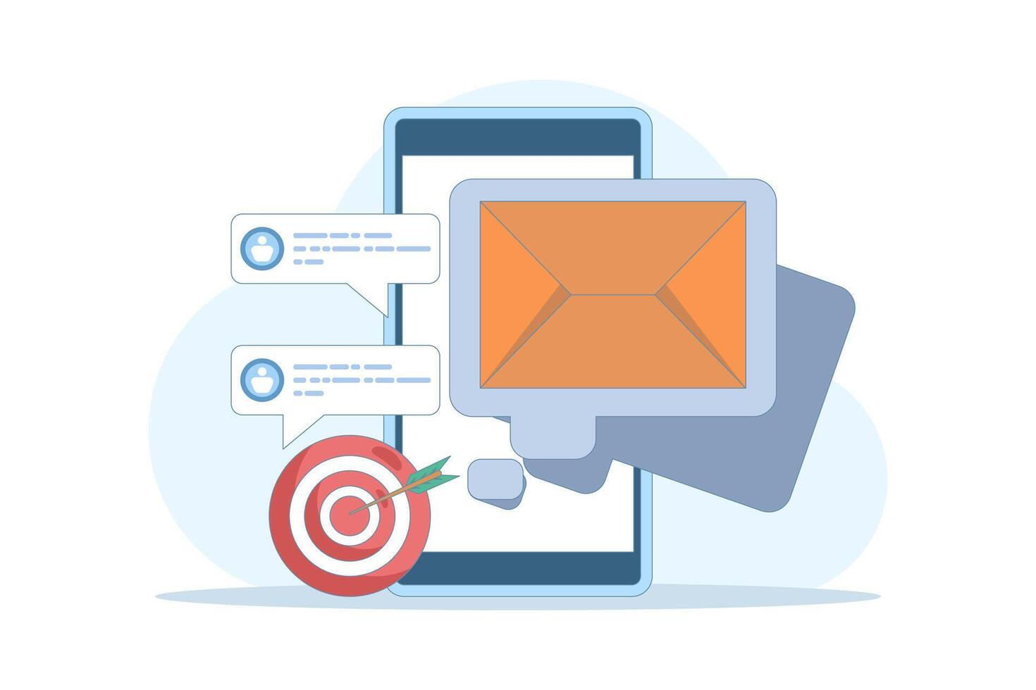 Email marketing strategy concept, Email campaign, Sending emails to potential customers, Newsletter marketing, Social media advertising messages, Internet network communication. design illustration. vector