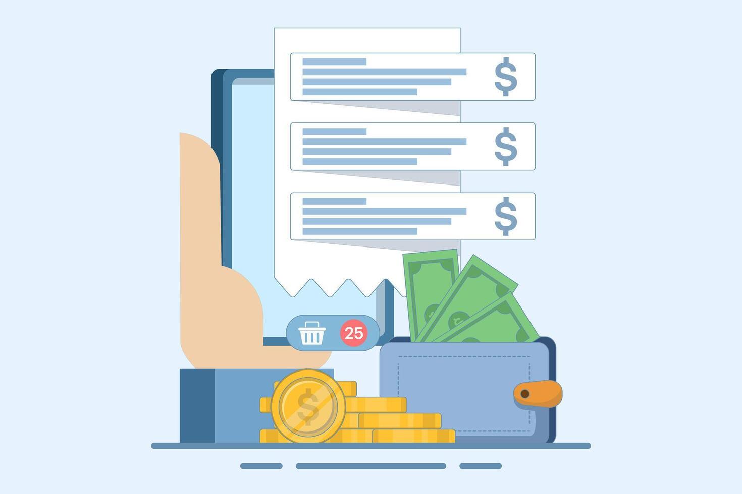 Mobile banking concept. Digital wallet, payment system, mobile banking, money transfer. Wallet, money, mobile app. Icon. Abstract style. Cartoon design illustration. vector