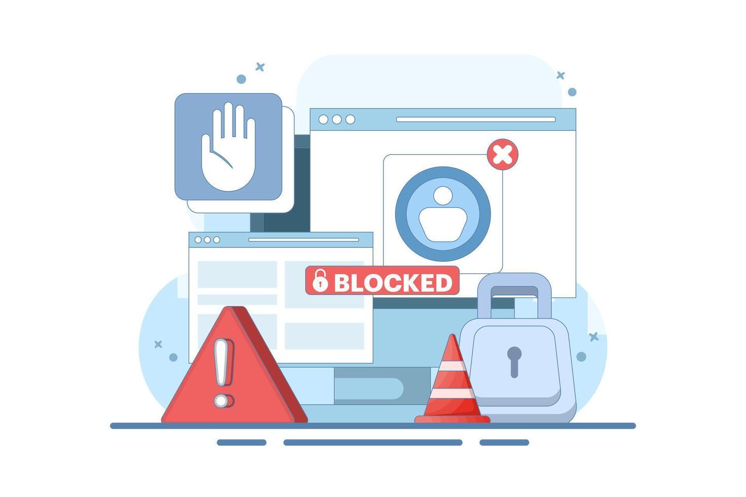 blocked user account concept, shocked and anxious about blocked user account. help user to unblock account. Security from cybercrime activities, hacker attacks, censorship or ransomware. flat design. vector