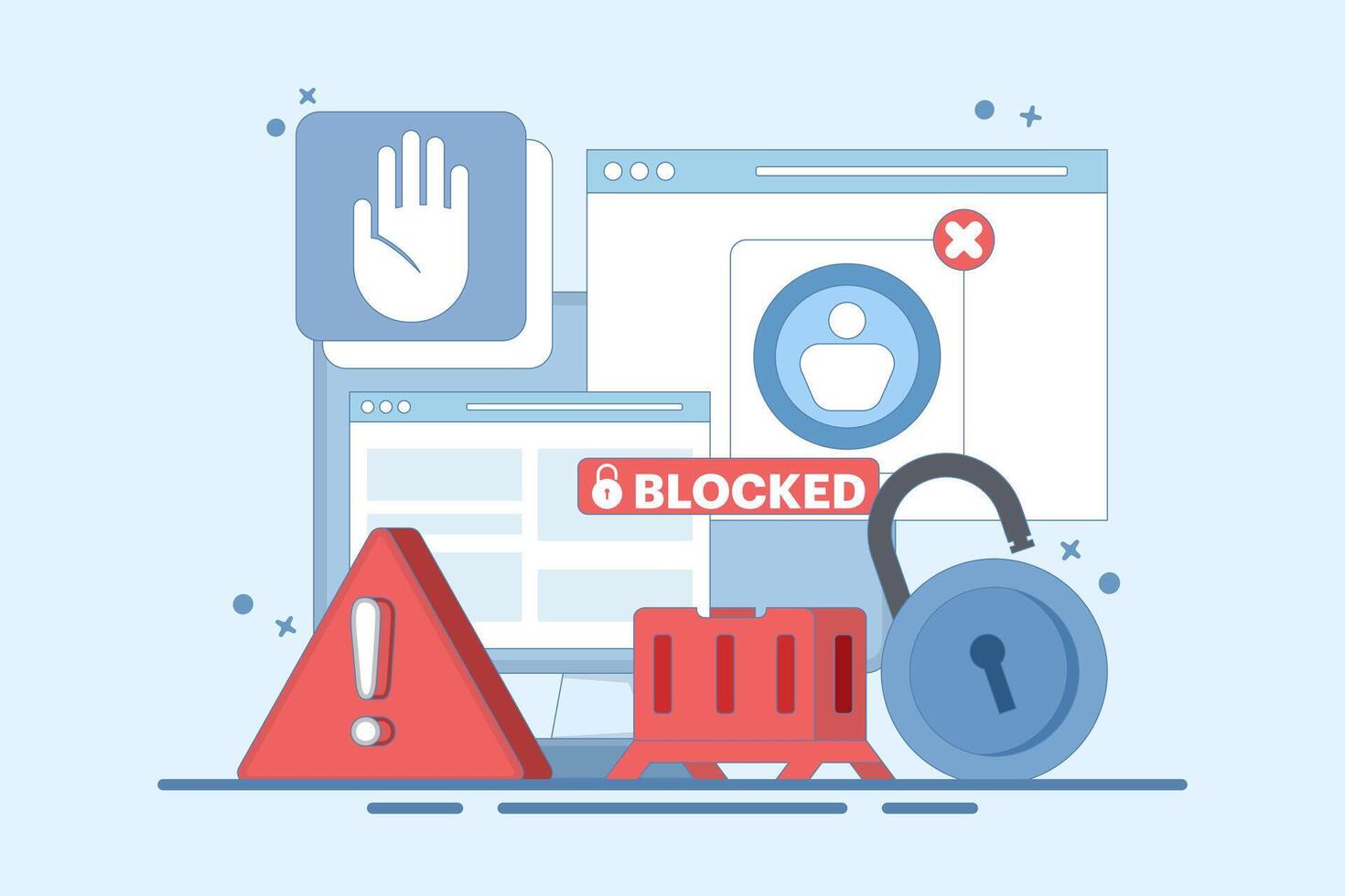 concept of blocked user account, shocked and anxious about blocked user account. help user to unblock account. Security from cybercrime activity, hacker attacks, censorship or ransomware. vector