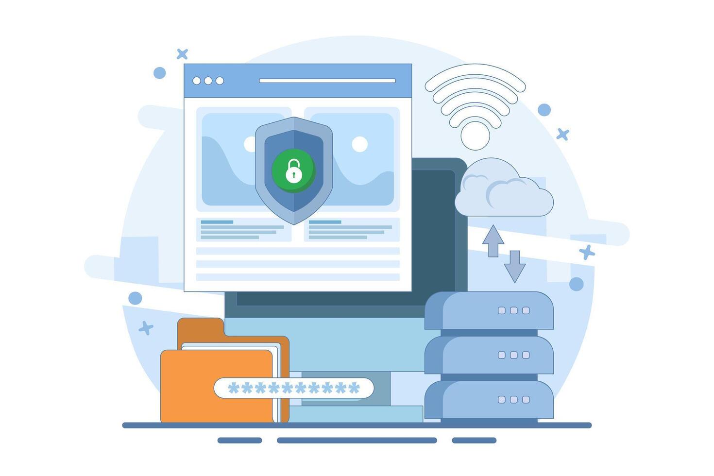 data protection concept, personal and business document security with password verification and encryption technology, online cyber data security, information privacy. flat design in the background. vector