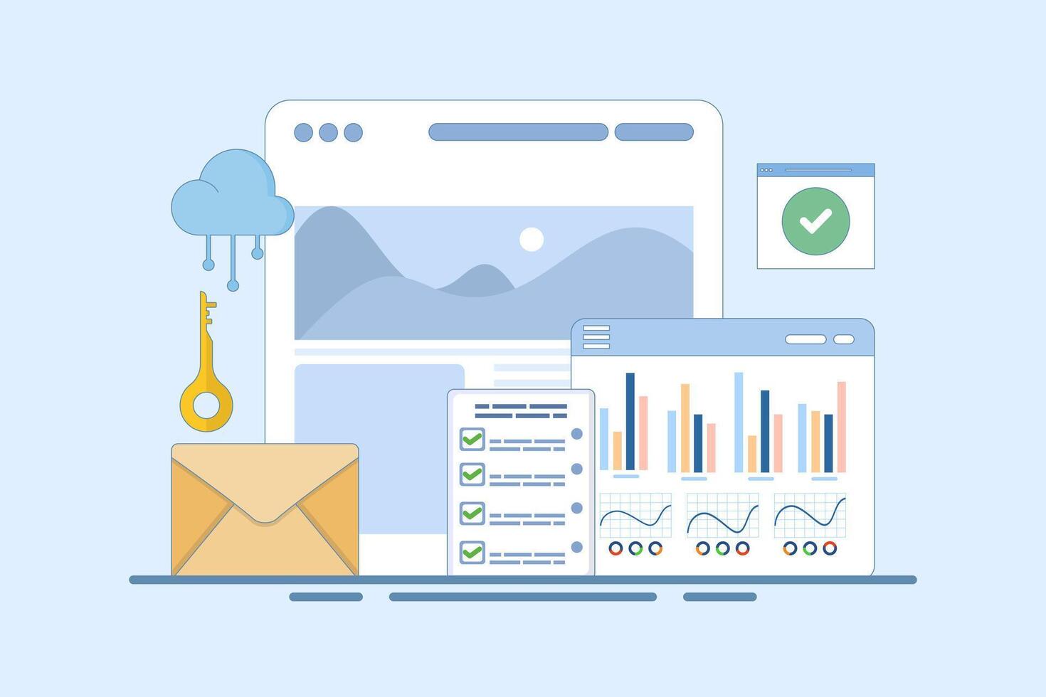 Content performance measurement concept, content analysis, data-driven content marketing, optimization and analysis, increasing conversion rate and performance, flat design illustration. vector