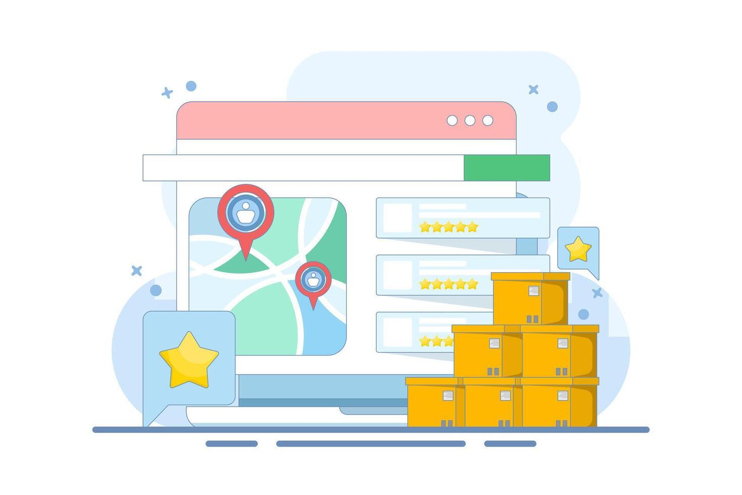 Customer Concept sharing feedback and reviews for search engine business listing, SEO business listing, SEO reviews. Simple design illustration in background. vector