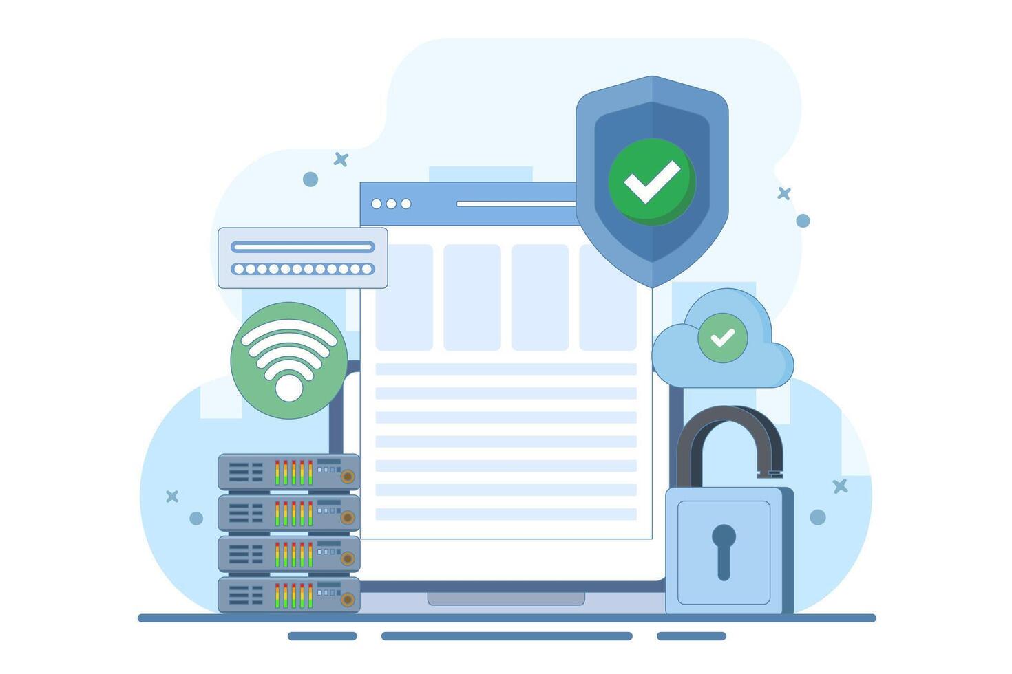 personal data protection concept, cloud storage, user authorization, cloud storage. Cartoon style illustration for landing page, web banner, infographic. flat design illustration on background. vector