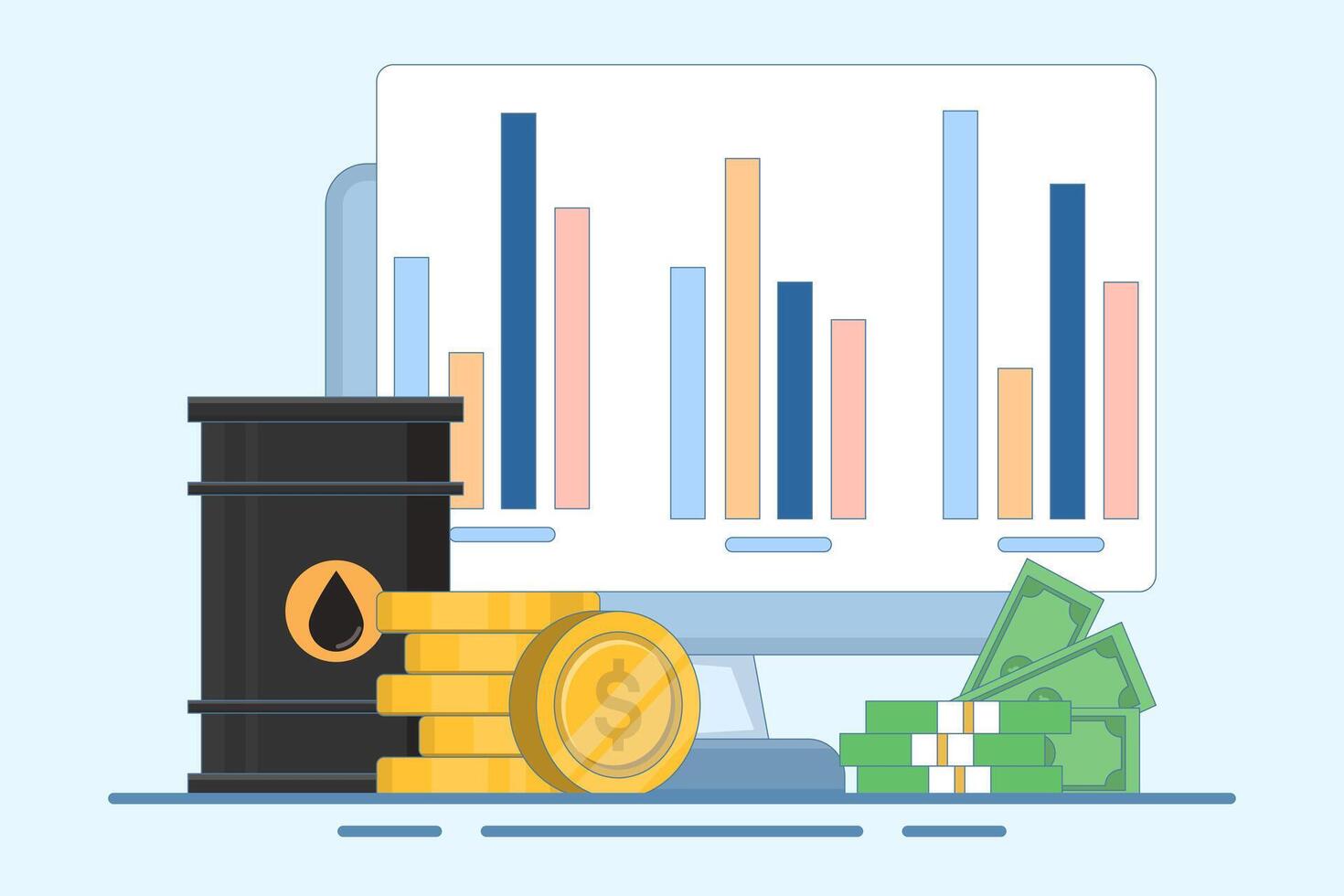 Global oil barrel trading market concept, Oil barrel with gold coins, computer screen on isolated background, digital marketing. Flat simple cartoon design illustration. vector