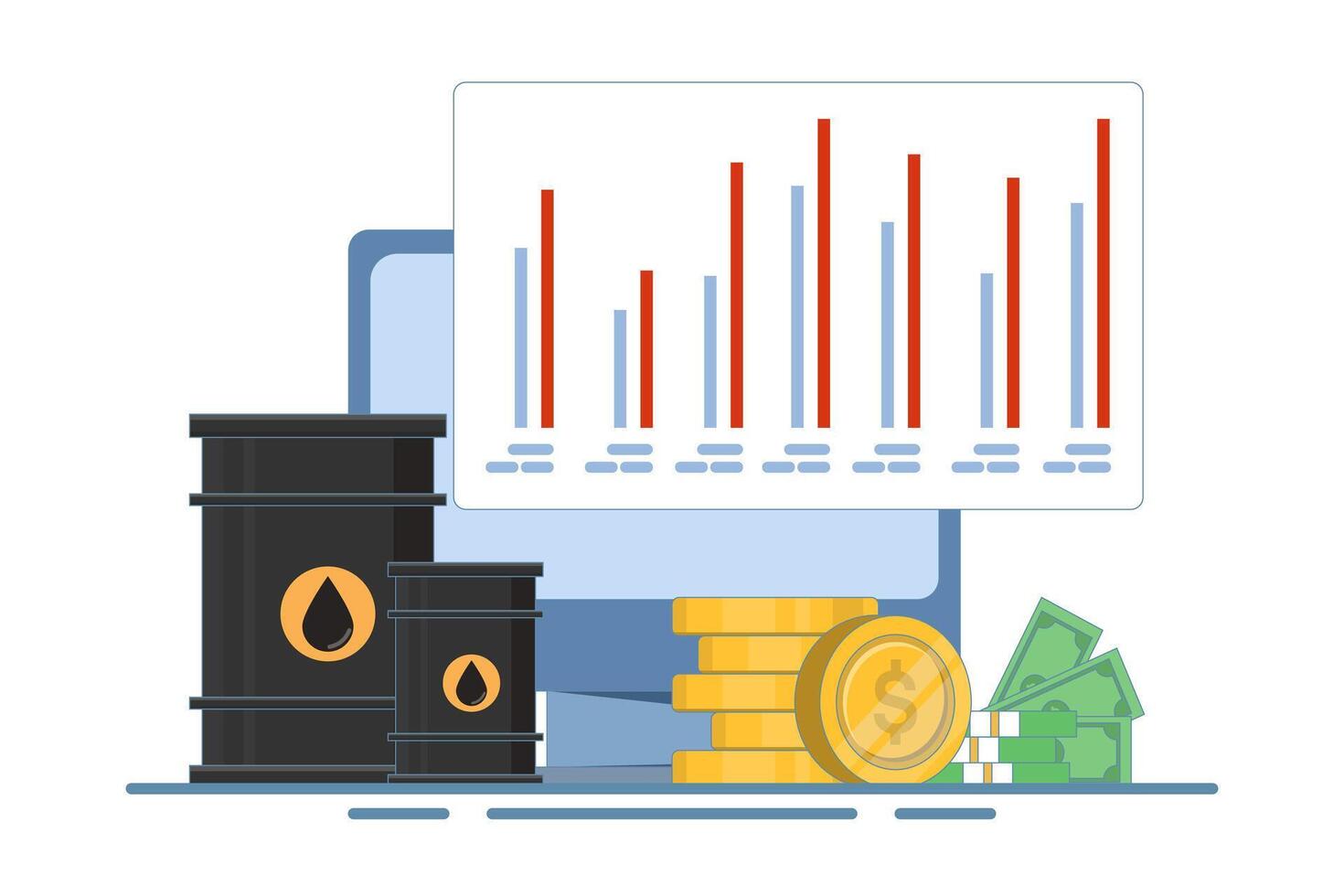 Global oil barrel trading market concept, Oil barrel with gold coins, computer screen on isolated background, digital marketing. Flat cartoon design illustration on background. vector