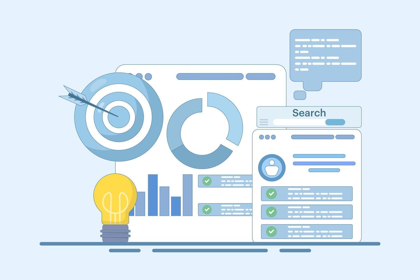 Project initiation concept. Project management, life cycle. Data analysis tasks. Business analysis. Project implementation provisions. Preparing documentation. Flat illustration on background. vector