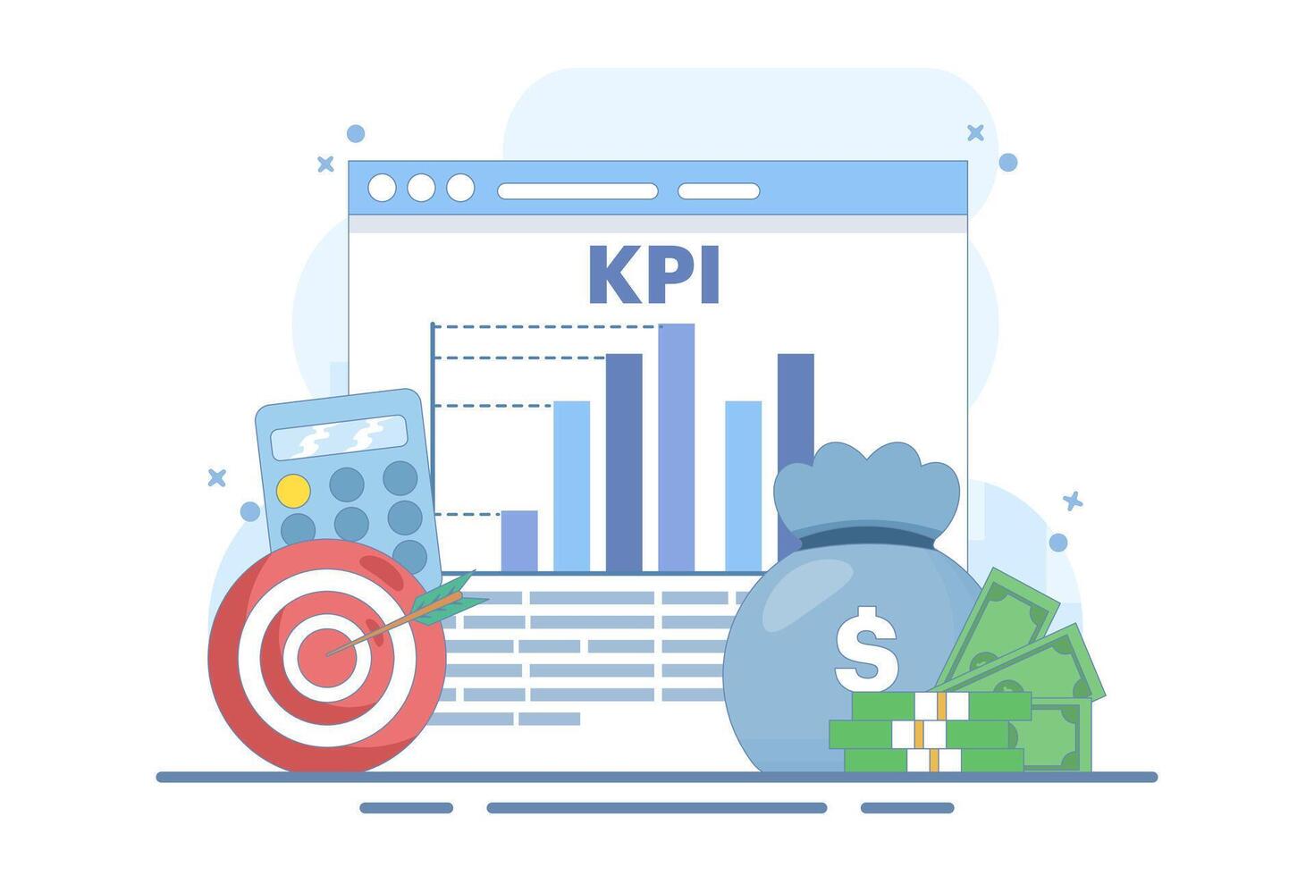 KPI concept, business technical key performance indicators, Performance evaluation and dynamics in dashboard, Strategy, Data Report, Efficient workflow, Business intelligence. flat design. vector