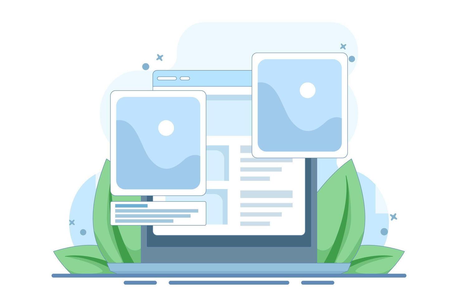 digital image gallery concept. watch photo album online using laptop computer. PC with internet, electronic photography image, web file. Flat illustration on background. vector