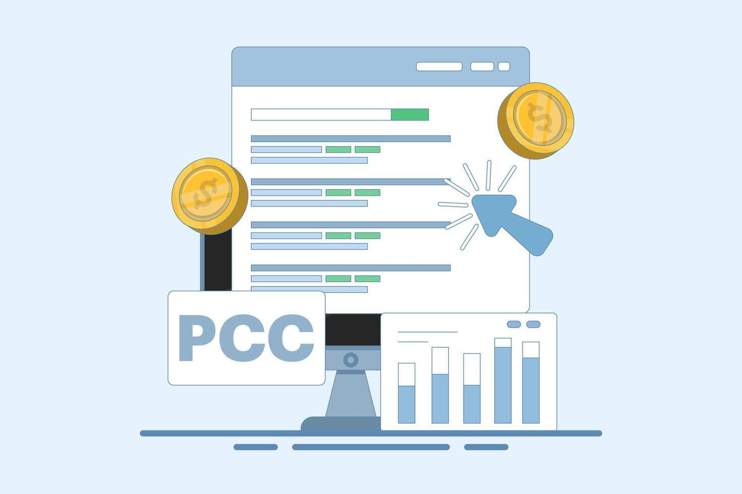 Pay Per Click or PPC Marketing Concept, Digital Advertising Line Campaign. Digital Marketing Want to Explain or Promote PPC Advertising. Successful PPC Strategy. Flat Illustration on Background. vector