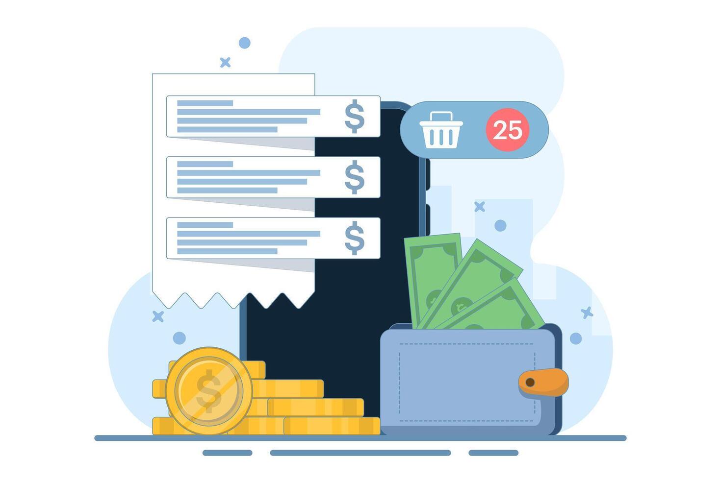 Mobile banking concept. Digital wallet, payment system, mobile banking, money transfer. Wallet, money, mobile app. Icon. Stylish abstract. Flat Cartoon Illustration. vector