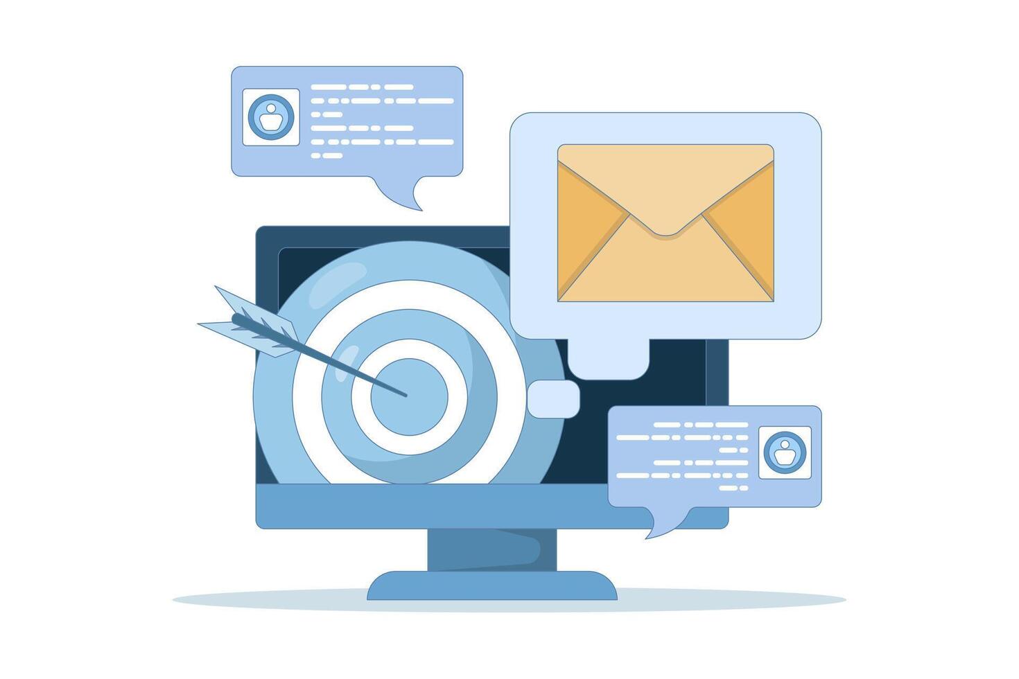 Email marketing strategy concept, Email campaign, Sending emails to potential customers, Newsletter marketing, Social media advertising messages, Internet network communication. cartoon illustration. vector