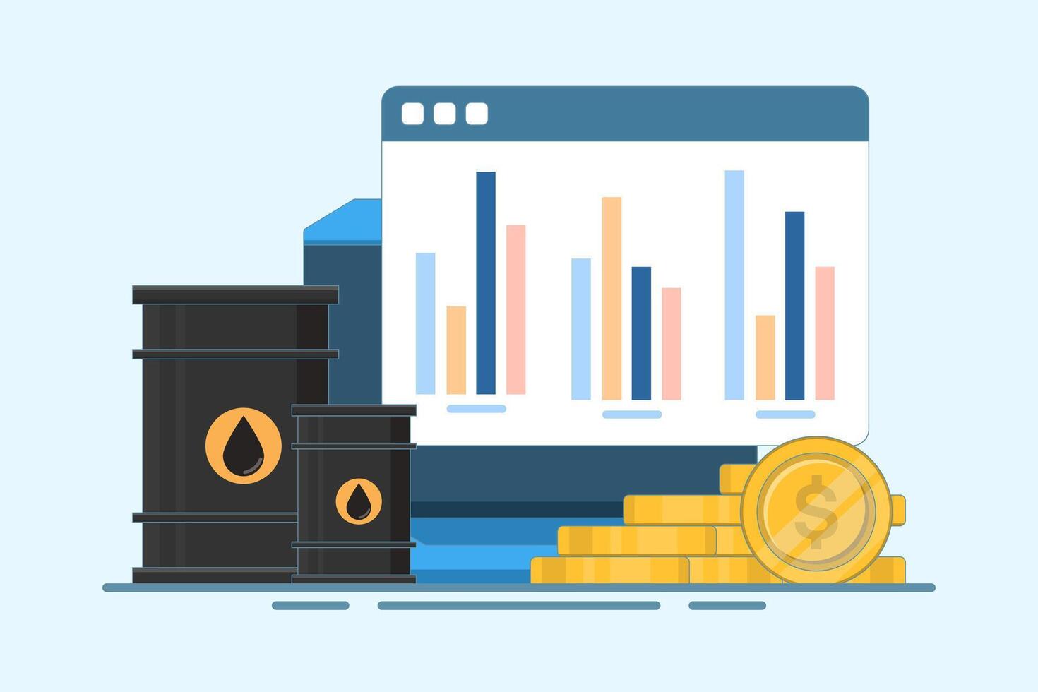 Global oil barrel trading market concept, Oil barrel with gold coins, computer screen on isolated background, digital marketing. Simple cartoon design illustration. vector
