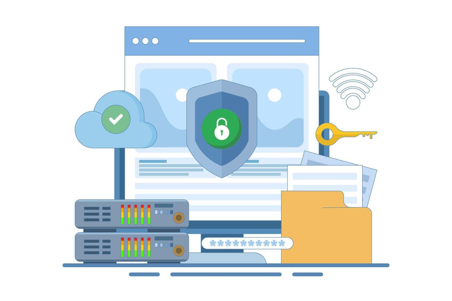 data protection concept, personal and business document security with password verification and encryption technology, online cyber data security, information privacy. flat illustration on background. vector