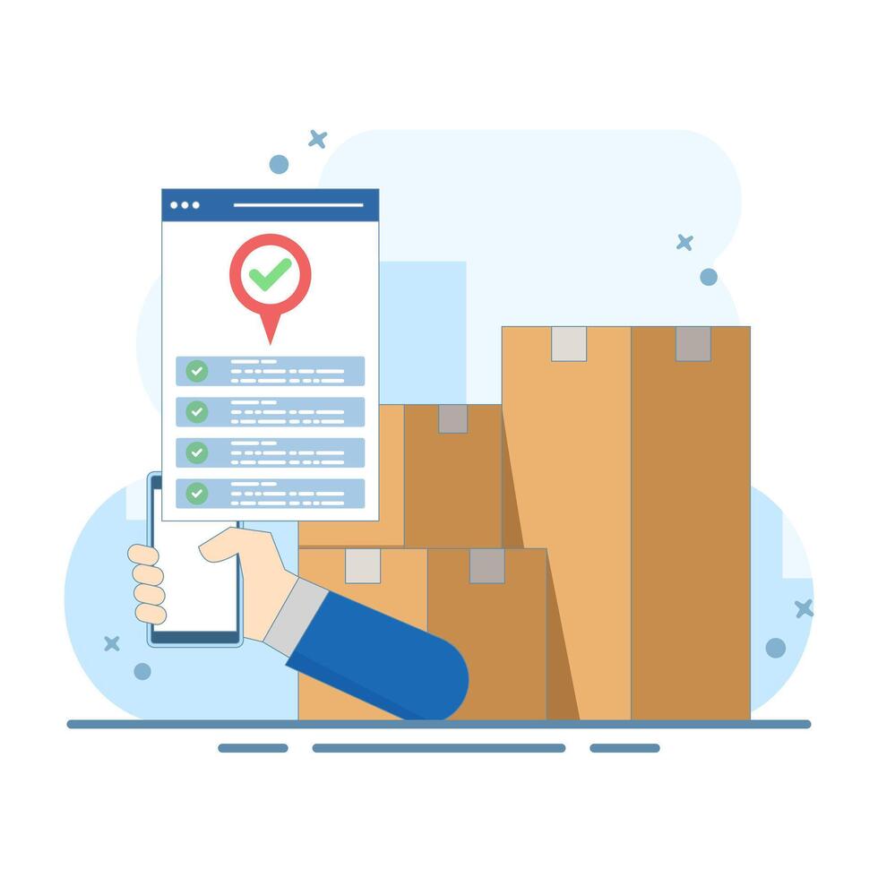 Mobile online cargo courier logistics concept for goods delivery service via city map, for postal warehouse delivery. Parcel tracking technology. Flat illustration. vector