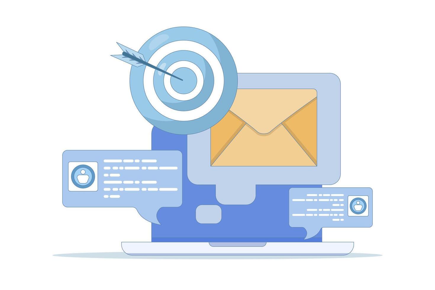 Email marketing strategy concept, Email campaign, Sending emails to potential customers, Newsletter marketing, Social media advertising messages, Internet network communication. flat illustration. vector