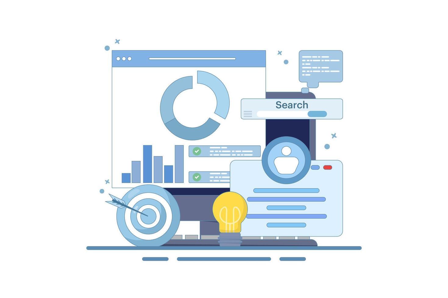 Project initiation concept. Project management, life cycle. Data analysis tasks. Business analysis. Project implementation provisions. Preparing documentation. Cartoon design illustration. vector