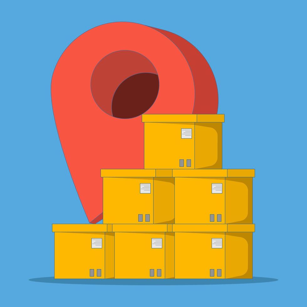 Cardboard package concept with location pins, representing shipping, delivery service or logistics tracking. Accurate delivery, e-commerce graphics. Flat design illustration. vector