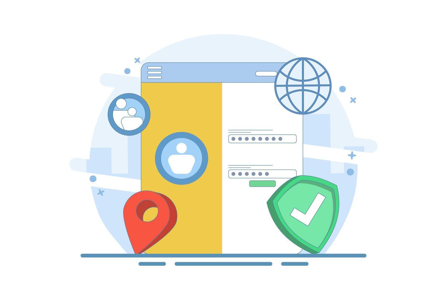 website security system concept. user login to secure website. website access. user information data protection and password. cyberspace and internet. flat illustration on background. vector