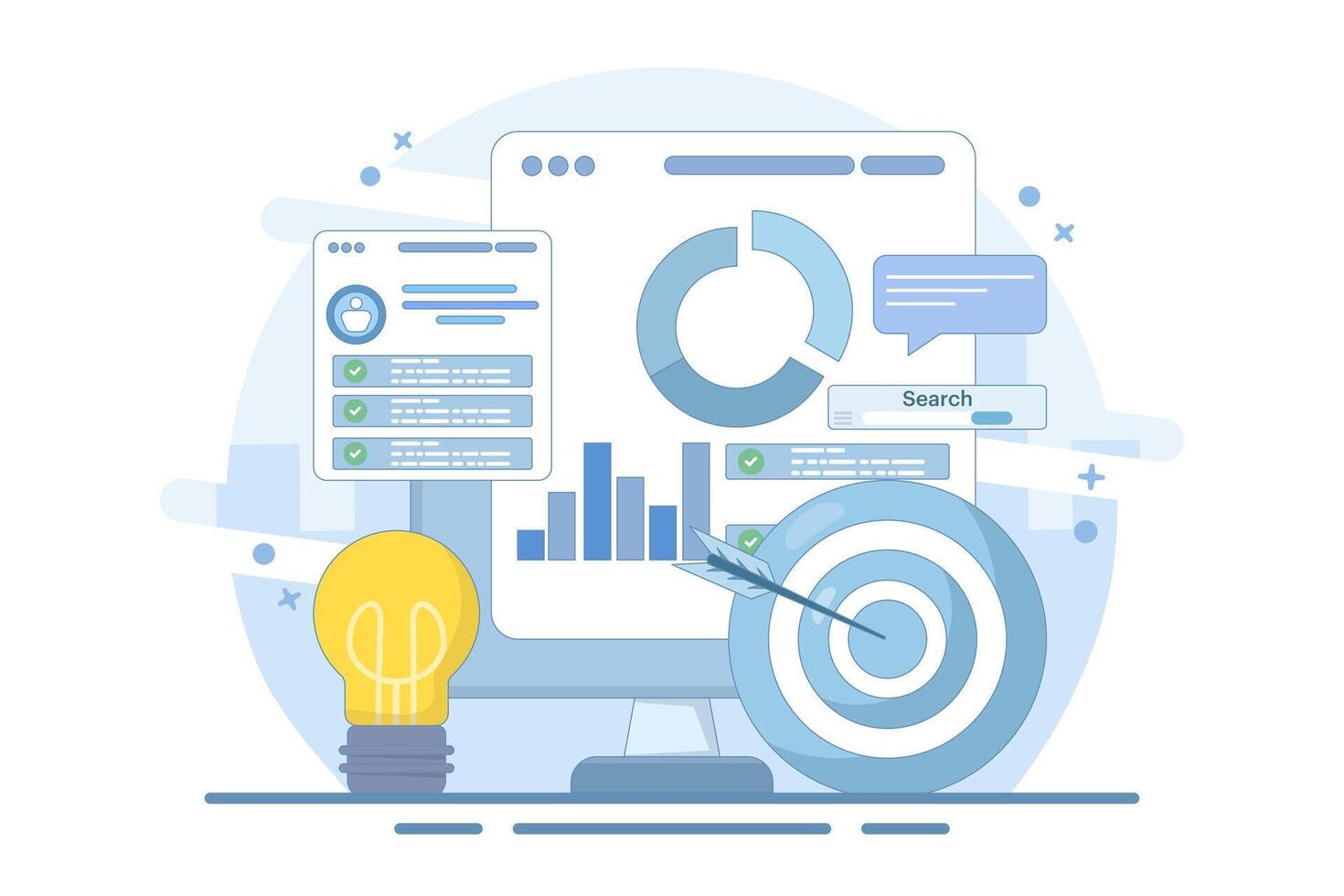 Project initiation concept. Project management, life cycle. Data analysis tasks. Business analysis. Project implementation provisions. Preparing documentation. Flat design illustration. vector