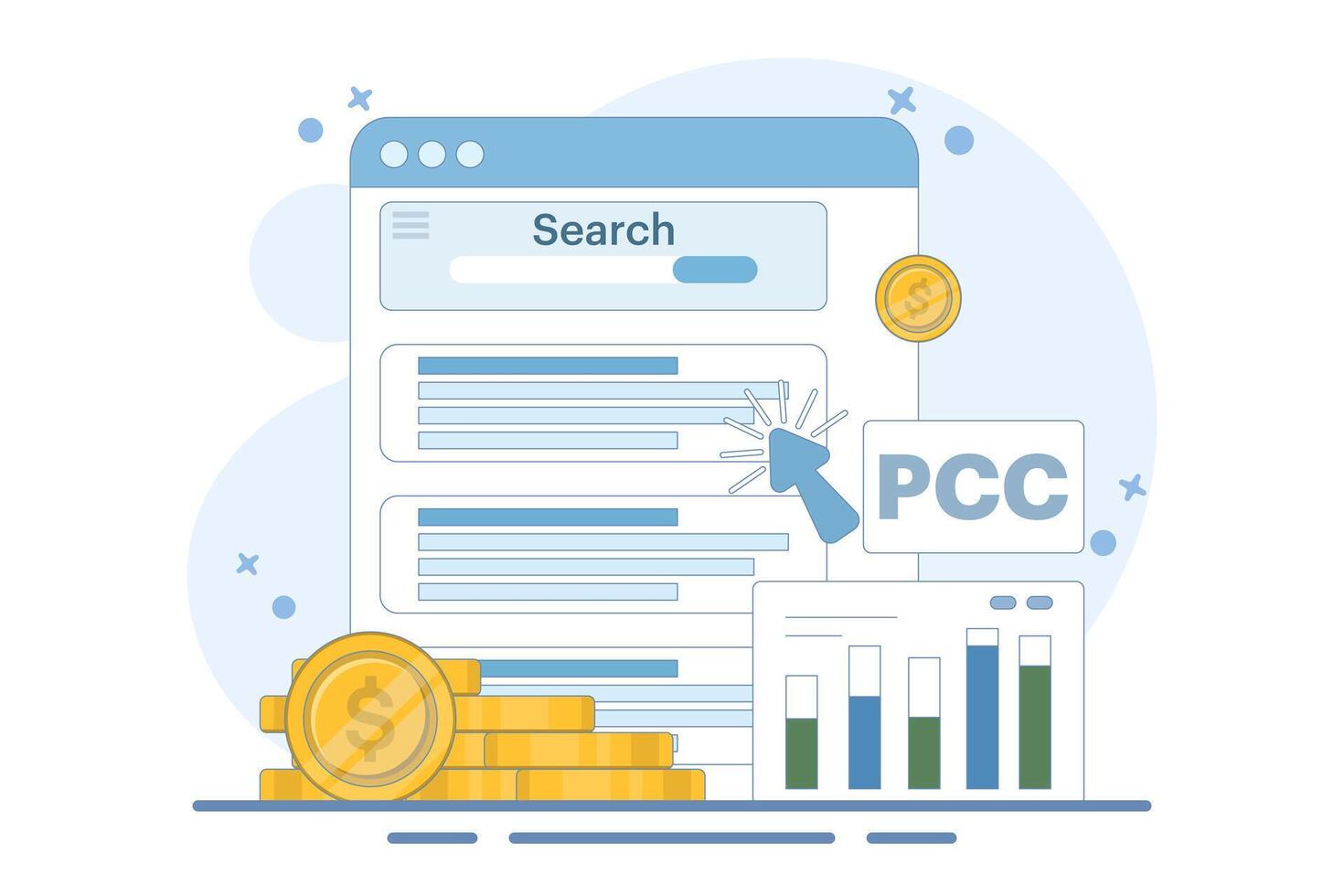 Pay Per Click or PPC Marketing Concept, Digital Advertising Line Campaign. Digital Marketing Want to Explain or Promote PPC Advertising. Successful PPC Strategy. Cartoon Flat Illustration. vector